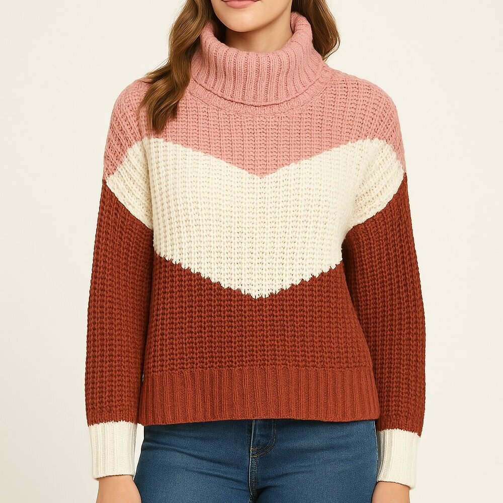 Colorblock Chunky Knit Turtleneck Sweater – Pink, Cream & Rust Pullover/Med